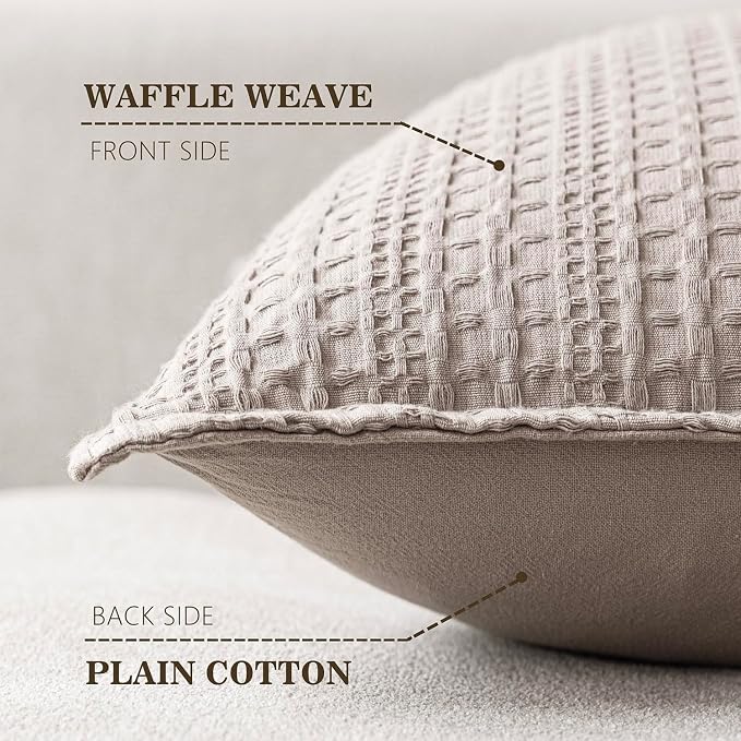 Foindtower Set of 2 Decorative Cotton Waffle Weave Throw Pillow Covers Euro Shams Cushion Covers Accent European Pillowcase for Bed Couch Sofa Bedroom Living Room Home Decor 20×20 Inch Tan Beige