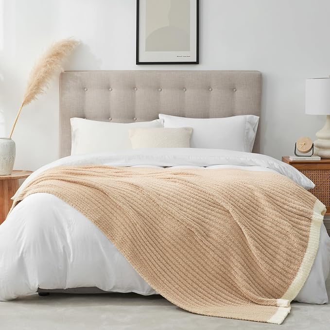 Snuggle Sac Soft Ribbed Beige Throw Blanket for Couch, Luxurious Fluffy Cozy Knit Throws for All Season, Reversible Warm Microfiber Netural Blankets for Couch, Sofa, Travel, Beige, 50x60 inches