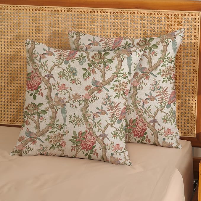 Chinoiserie Pillow Covers 16x16 Set of 2 Pink Green Bird Floral Throw Pillows Vintage Pink Flower Bird Decorative Pillow Cases Outdoor Chinoiserie Decor Farmhouse Cushion Case for Couch Sofa