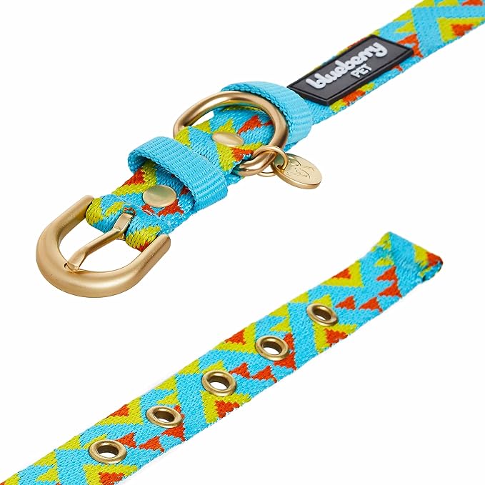 Blueberry Pet Southwestern Tribal Triangles River Blue Adjustable Dog Collar with Metal Buckle, Neck 17-20.5", for Large Breed