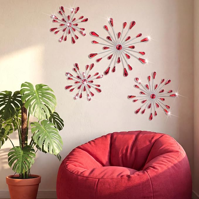 Hicarer 4 Pcs Starburst Wall Decor Bling Wall Art Crystal Teardrop 3D Hanging Rhinestone Radial Metal Artwork Modern Accent Sculptures Decorations for Living Room Home Office Bedroom (Red)