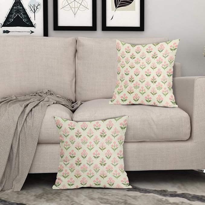 Pink Green Floral Pillow Covers 24x24 Inch Set of 2, Vintage Flower Block Print Decorative Throw Pillowcases Outdoor Farmhouse Cushion Covers Spring Summer Rustic Decoration Sofa Couch Bed Decor