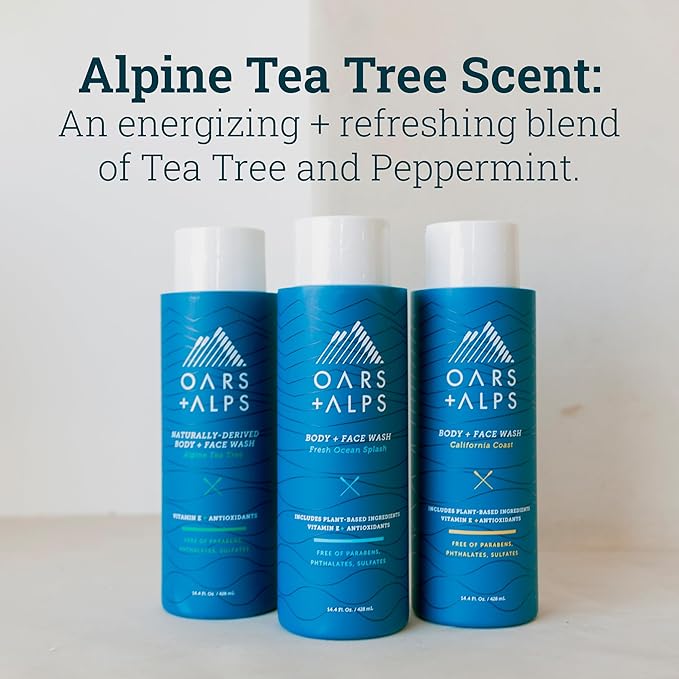 Oars + Alps Men's Moisturizing Body and Face Wash, Skin Care Infused with Vitamin E and Antioxidants, Sulfate Free, Alpine Tea Tree, 1 Pack