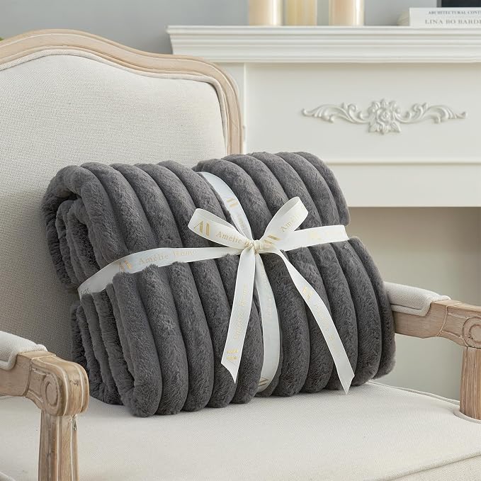 Faux Fur Throw Blanket for Couch, Cozy Fuzzy Fluffy Fur Luxurious Soft Striped Plush Gift Blankets for Family Sofa Chair Bedroom, 55"x70", Charcoal Grey