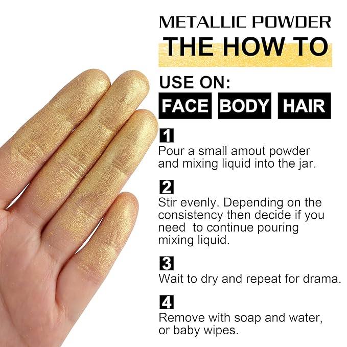 CCbeauty Gold Makeup Metallic Powder, Gold Metallic Chrome Powder For Face & Body Paint with Mixing Liquid, Shimmer Face Painting Kit For Halloween Costume Cosplay, Professional SFX Makeup Kit