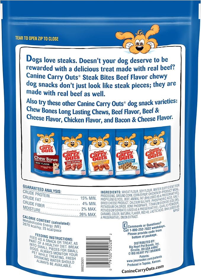 Canine Carry Outs Dog Treats, Steak Bites, 22.5 Ounce (Pack of 4), Made with Real Beef | Soft & chewy dog snacks. Made with real beef. The look & taste of real steak. Produced in Topeka, Kansas.