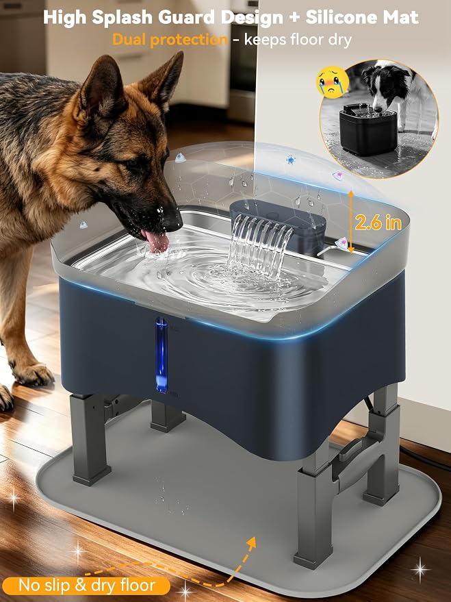 11L Elevated Dog Water Fountain No-Spill with 4 Heights Adjustable | Large Capacity, No-Splash, Anti-Slip Mat, 304 Stainless Steel Tray, 5-layer Filtration, for Senior/Large Dog & Multi-Pet Home