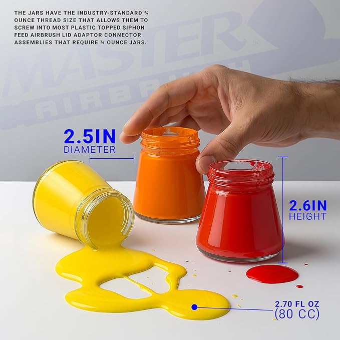Master Airbrush (Pack of 10) TB-010 Empty 2.7-Ounce (80cc) Glass Jar Bottles with 30° Down Angle Adaptor Lid Assembly - Fits Dual-Action Siphon Feed Airbrushes, Use with Master, Badger, Paasche, Iwata