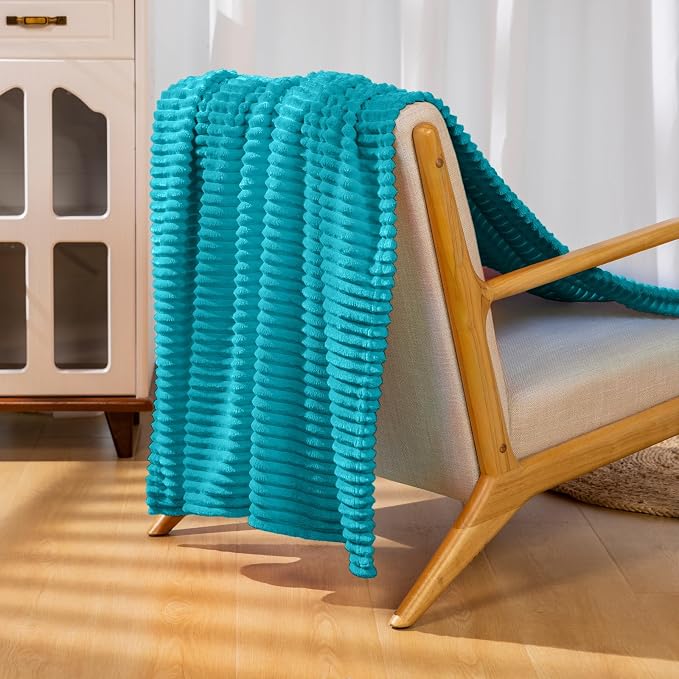 Vessia Flannel Fleece Throw Blanket for Couch,Sofa,Bed, 300GSM Striped Teal Blanket for Adults and Kids, Super Soft Warm Cozy Lightweight Ribbed Throw for All-Season
