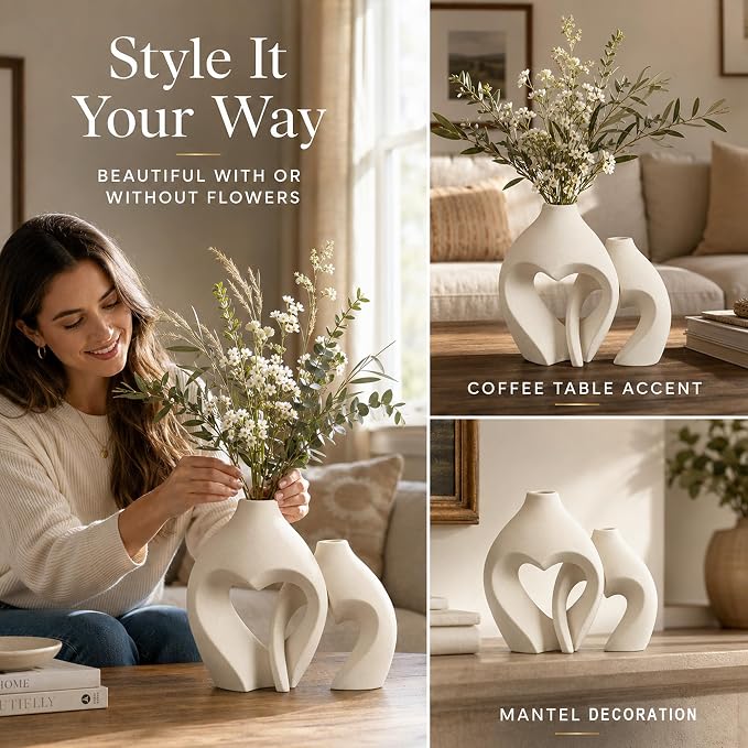 White Ceramic Flower Vase Home Table Decor Heart Shaped Vase Set of 2 | Boho Heart Shaped Minimalist Decorative Vases for coffee Table Centerpiece Wedding Dining Living Room Office House Decoration