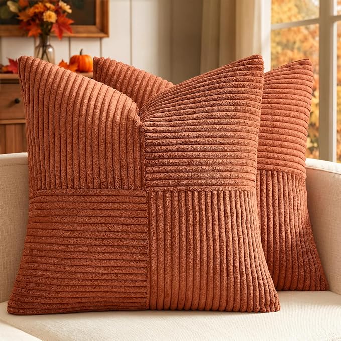 MIULEE Fall Burnt Orange Decorative Throw Pillow Covers for Couch 20x20 in | 2 Pack, Boho Farmhouse Pillow Covers, Soft Cross Corduroy Patchwork Textured Cushion Cases For Bed Sofa