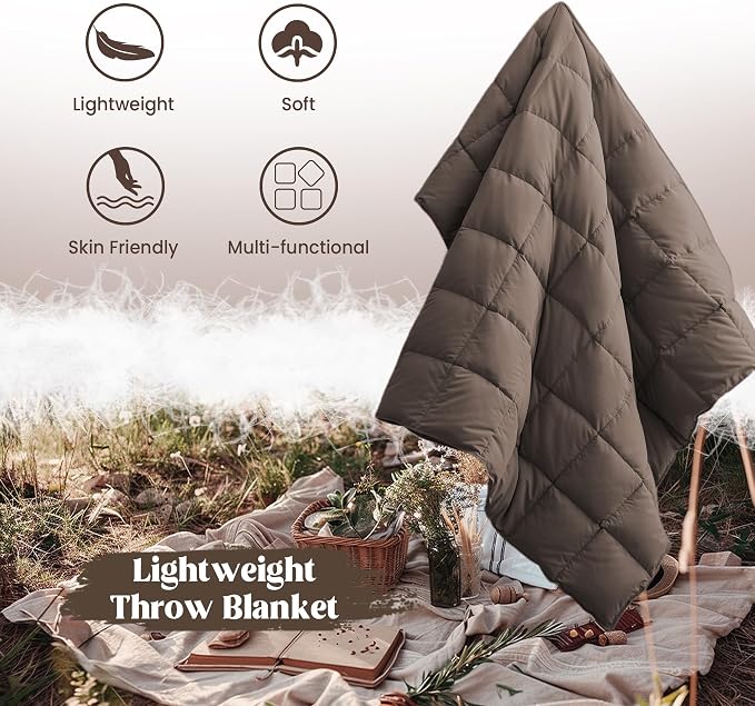 puredown® Soft Feather Down Throw Blanket Lightweight Packable Couch Throw for Indoor and Outdoor Use, Throw 50"X70", Chocolate