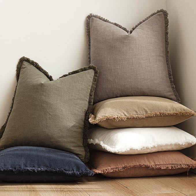 Foindtower Set of 2 Decorative Linen Fringe Lumbar Throw Pillow Covers Boho Farmhouse Cushion Cover with Tassels Soft Accent Pillowcase for Couch Sofa Bed Living Room Home Decor,12×24 Inch,Brown Tan