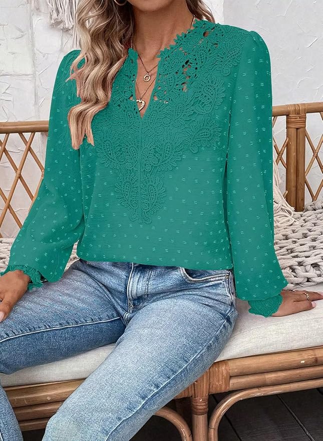 Womens Tops Swiss Dot Boho Long Sleeve Shirts V Neck Casual Chiffon Blouses Flowy Lace Hem Cute Clothing Trendy 2026