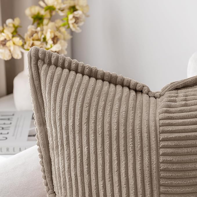 MIULEE Decorative Throw Pillow Covers for Couch 18x18 Inch Light Brown | 2 Pack, Boho Broadside Striped Patchwork Pillow Covers, Soft Corduroy Cushion Cases, For Sofa Bed Livingroom Home Decor