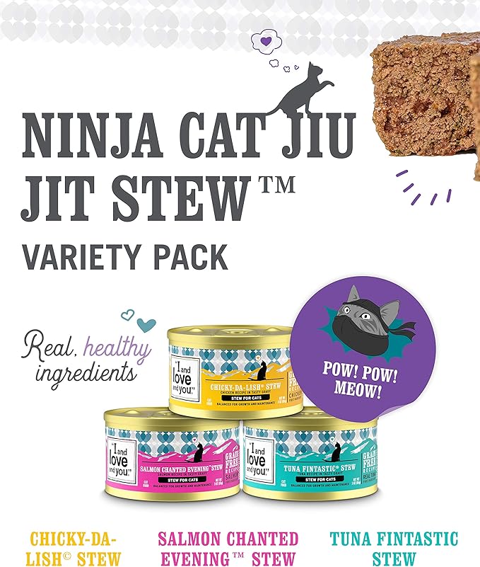 I AND LOVE AND YOU Wet Cat Food, Ninja Cat Stew Variety Pack | 12 Pack | Grain-free stews with chicken, salmon, and tuna recipes in savory gravy. 3oz cans with no fillers.