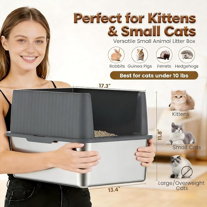 Stainless Steel Small Cat Litter Box, 11.8" High Sides, Low Entry | Litter Scatter & Urine Spray Control, Non-Stick Surface, Easy Scooping, Durable Build, Compact Footprint for Small Spaces