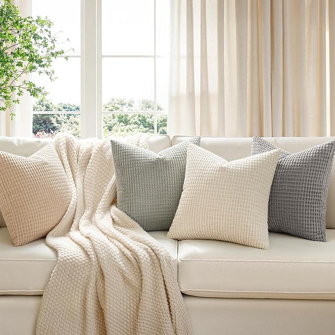 MIULEE Boho Farmhouse Decorative Pillow Covers 18x18 Inch Set of 4 Neutral | Rustic Modern Neutral Home Decor, Couch Throw Pillows, Corduroy Pillowcases for Sofa Living Room Bed