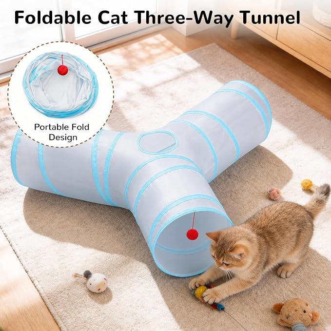 Tempcore Cat Tunnel, 3-Way Collapsible Toy, Large Size Light Grey & Blue