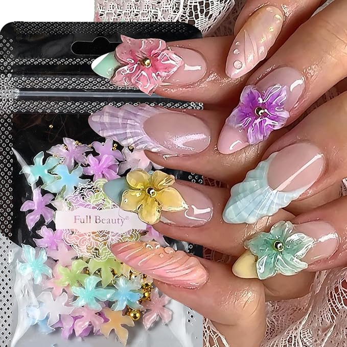 Summer Flower Nail Charms 3D Hibiscus Flowers for Nails Gems Spring Nail Jewelry with Rhinestones Acrylic Nail Art Color Ice Lily Floral Charms for Women Manicure Nail Decoration DIY Crafts