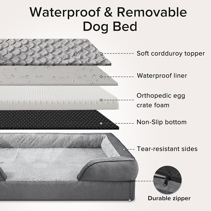 Jumbo Orthopedic Dog Bed for Extra Large Dogs, Waterproof, Egg-Crate Foam Dog Couch Bed with Washable Removable Cover, Waterproof Lining and Nonskid Bottom