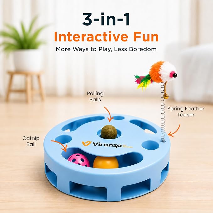 4 Interactive Cat Toy with Catnip Ball, Dual Rolling Balls & Feather Teaser