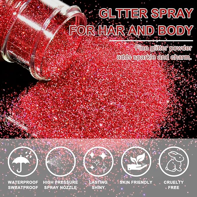 Hair and Body Glitter Spray, Holographic Glitter Highlighter Powder for Rumi Costume Cosplay Makeup, Face Body Clothes Shiny Glitter, Loose Shimmer Hairspray Festival Rave Prom Accessories (Red)