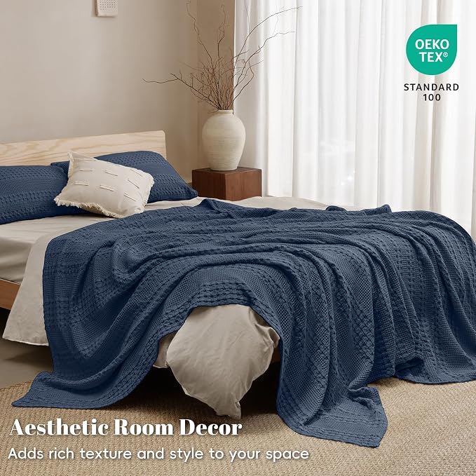 PHF 100% Cotton Waffle Blanket Twin Size, Lightweight Breathable Summer Blanket for Hot Sleepers, Pre-Washed Soft Layer for Bed, Dorm, Couch & Guest Room, Home Decor Gift, 66"x90", Indigo