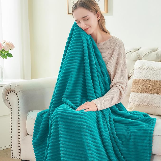 BEDELITE Ribbed Jacquard Ocean Blue Blankets Queen Size for Bed, 90x90 Inch | Soft Warm Decorative Fluffy Blanket, Cozy Fuzzy Lightweight Plush Fleece Throw Blankets for Bed, Room Decor, Gift for Women