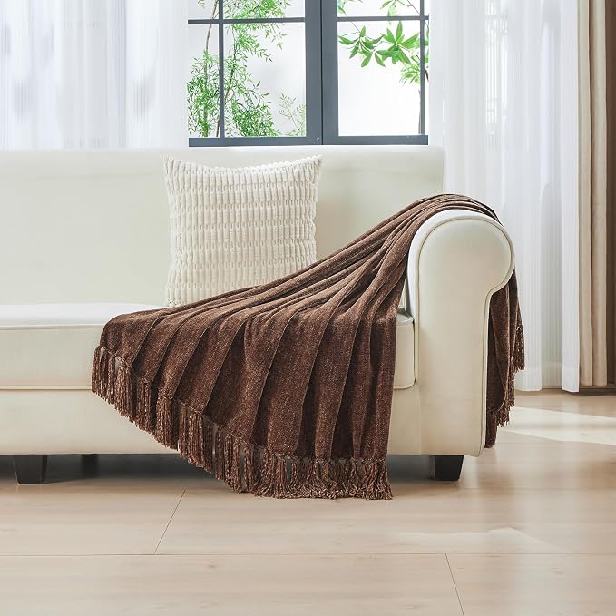 CozeCube Chenille Throw Blanket, Dark Brown Fringe Blanket, 60"X80" | For Couch, Cozy Plush Fuzzy Decorative Blanket with Fringe Tassels, Lightweight Throws for Bed Sofa Gift Home Decor
