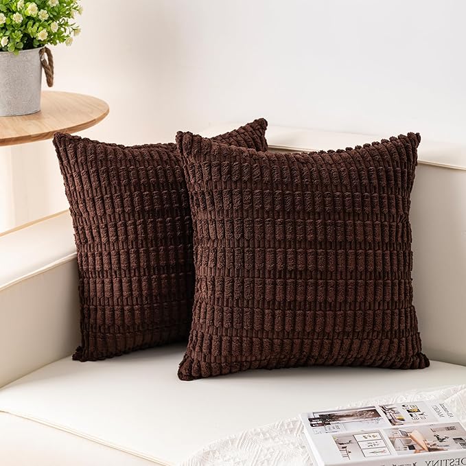 Pack of 2 Corduroy Decorative Throw Pillow Covers 18x18 Inch, Dark Brown | Fall Soft Striped Pillow Covers Modern Farmhouse Home Decor Christmas Throw Pillow Covers for Sofa Living Room Couch Bed