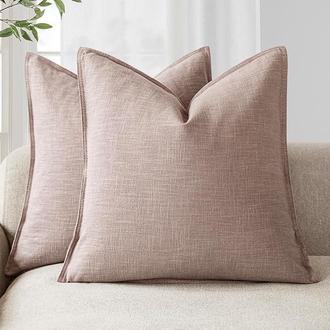 Foindtower Set of 2, Decorative Linen Solid Throw Pillow Covers Soft Accent Euro Cushion Case Boho Farmhouse Pillowcase for Chair Couch Sofa Bedroom Living Room Home Decor 26 x 26 Inch Dusty Pink