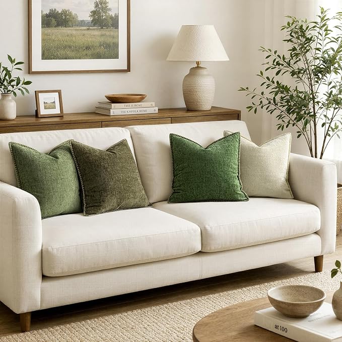 MIULEE Decorative Couch Throw Pillow Covers 18x18 Inch Forest Green 2 Pack | Farmhouse Pillow Covers with Stitched Edge, Soft Chenille Cushion Cases, for Sofa Bed Living Room Home Decor, Moss Green