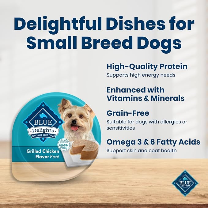 Blue Buffalo Delights Grilled Chicken Wet Dog Food, 3.5 oz, 12 ct | Small Breed Formula, Adult Formula, Grain-Free, Pate Style, Real Chicken First, in Savory Juice, No Corn, Wheat, or Soy