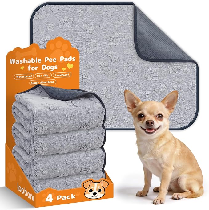 LOOBANI Washable Puppy Pads Waterproof 18"x24", 4 Pack, Gray | Soft Reusable Pee Pads For Dogs, Floor, Crate, Bed, Incontinence, Housebreak, Fast Absorbent, Non-Slip, Leakproof