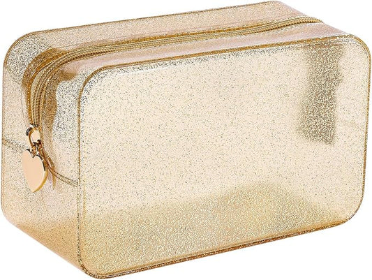 RSRSLEII Stardust Twinkle Jelly Travel Makeup & Toiletry Bag, Waterproof PVC Cosmetic Bag/Case for Women，Zipper SPF Beach Bag for Sunscreen Skincare and Daily Essentials (10Gold)