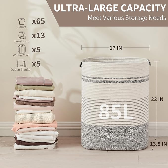 Laundry Hamper, 85L Cotton Rope Laundry Basket, Grey & White | Foldable nursery hamper with leather handles; store blankets, toys, baby clothes and laundry in bedroom or living room