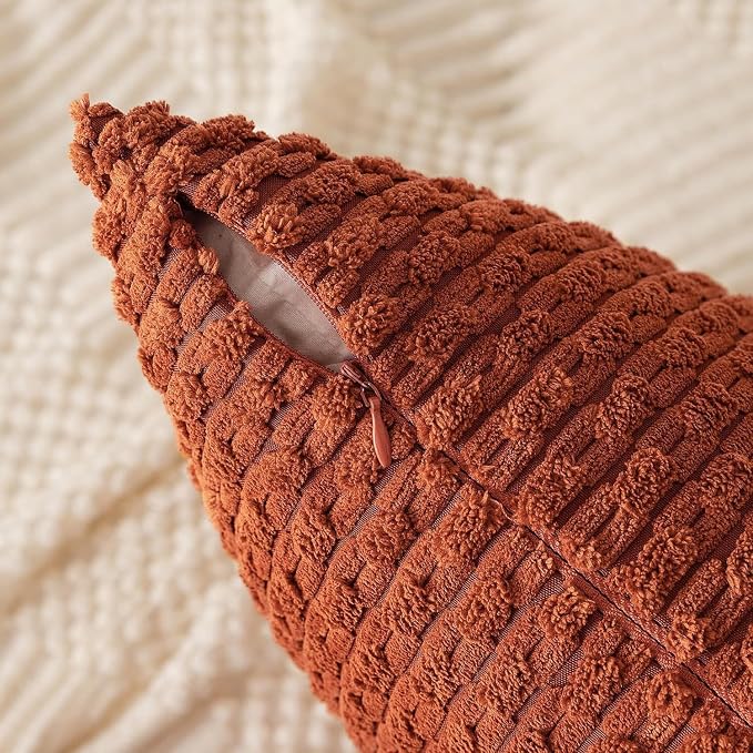 Kevin Textile Soft Corduroy 14"x36" Lumbar Pillow Cover 1 Pack, Rust | Fall Boho Stripe Plush Corduroy Decorative Oblong Cushion Cover Modern Farmhouse Home Decor for Sofa Couch Bed Chair