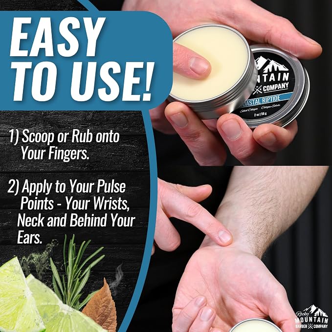 Rocky Mountain Barber Company Solid Cologne for Men – Coastal Riptide Scent – 2 Oz Size - Made with Coconut Oil, Shea Butter - Long-Lasting Scent (Coastal Riptide)