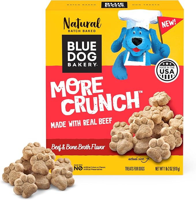 Blue Dog Bakery, More Crunch Beef Broth Biscuit, Medium Dog Treats 18oz 1pk | Crunchy Oven-Baked Dog Treat Biscuits, Made with Real Beef & Bone Broth & Other Real Premium Wholesome Ingredients in the USA