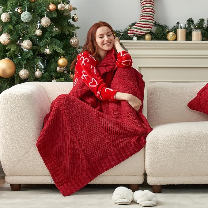 Knit Throw Blanket, Soft Chenille Cozy Breathable Chevron Chunky Decorative Blanket for Couch, Bed & Sofa, French-Inspired Lightweight Warm Gift for Women, Christmas Red, 50"x60"