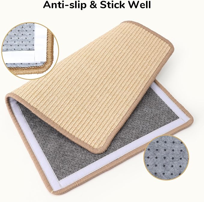 FUKUMARU 2 Packs Cat Scratching Mat, 23.6 x 15.7 Inch Cat Scratcher Pad | Natural Sisal Cat Scratch Mat for Indoor Cats, Horizontal Cat Wall Scratcher Floor Rug with Sticky Tapes, Furniture Protector