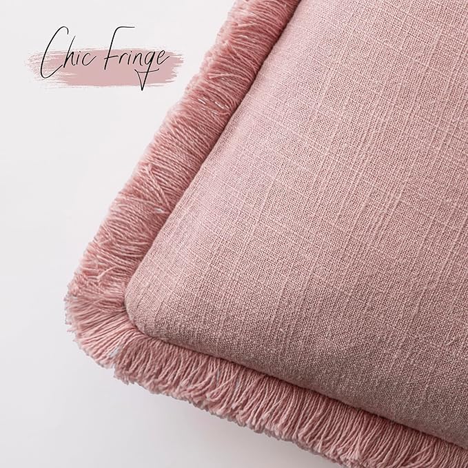 Foindtower Set of 2 Decorative Linen Fringe Throw Pillow Covers Cozy Boho Farmhouse Cushion Cover with Tassels Soft Accent Pillowcase for Couch Sofa Bed Living Room Home Decor,18×18 Inch,Rose Pink