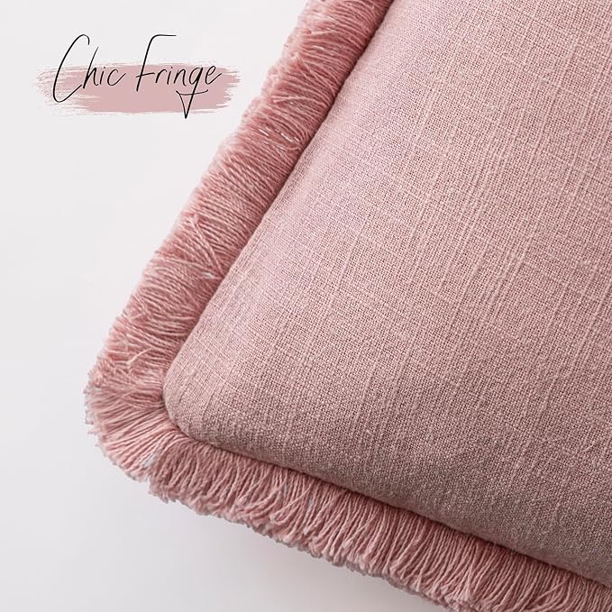 Foindtower Set of 2 Decorative Linen Fringe Throw Pillow Covers Cozy Boho Farmhouse Cushion Cover with Tassels Soft Accent Pillowcase for Couch Sofa Bed Living Room Home Decor,20×20 Inch,Rose Pink