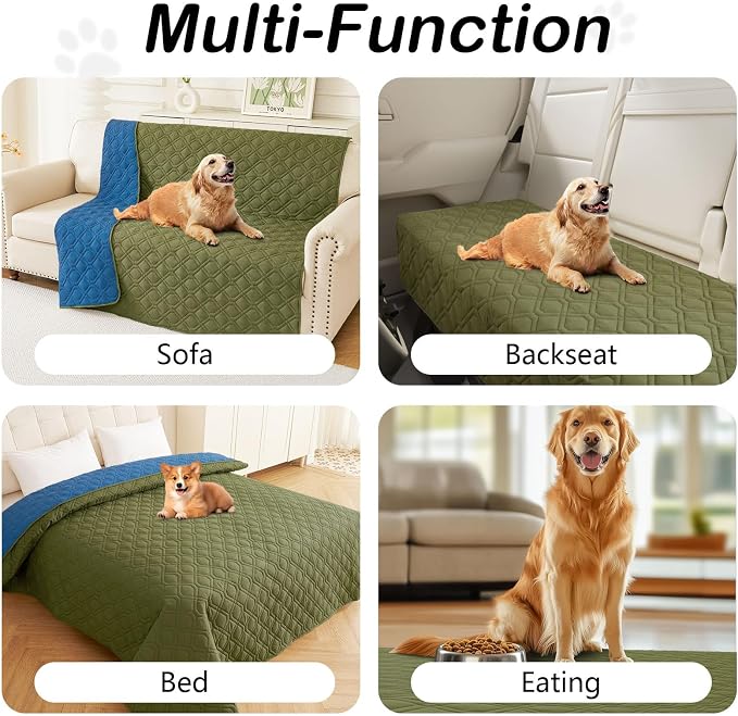 Waterproof Dog Bed Blanket - Soft Pet Blanket & Sofa Cover for Dogs | Reversible Washable Furniture Protector, Couch Covers for Pets (40x70 Inch, Green/Navy Blue)