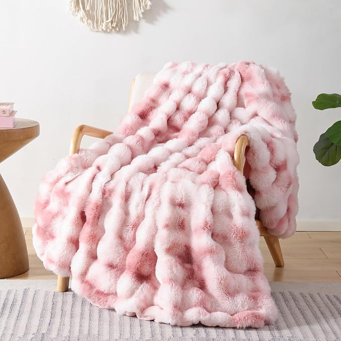 Faux Fur Throw for Couch - Tie-dye Pink Bubble Blanket 50"x60" | Fluffy Plush Fuzzy Throw for Sofa & Bed, Super Soft Cozy Comfrt Blanket, Luxury Aesthetic Pink Decor Gift for Women