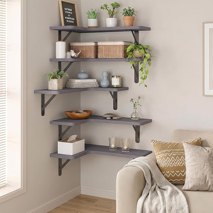Fixwal Corner Floating Shelves Set of 5, Rustic Wood Wall Mounted Corner Shelf for Bathroom, Kitchen, Bedroom, Home Decor, Laundry Room, Living Room(Gray) | Solid wood shelf with metal brackets, holds 40 lbs. Optimizes corner storage. Fits bathroom, ki...
