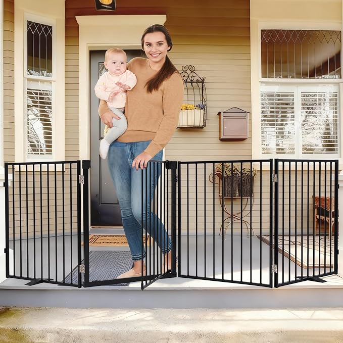 Metal Freestanding Dog Gates with Door 104"x30" Pet Fence Extra Wide | Heavy-duty Foldable Dog Fence - Auto Close Dog Barrier Indoor Outdoor for Doorways, Deck, Yard, Stairs (4 Panels,Black)