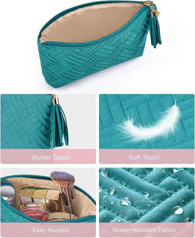 BAGSMART Small Makeup Bag, Elegant Cosmetic Pouch with Tassel, Soft Water-Resistant Travel Organizer for Women, Cosmetics & Everyday Essentials, Teal