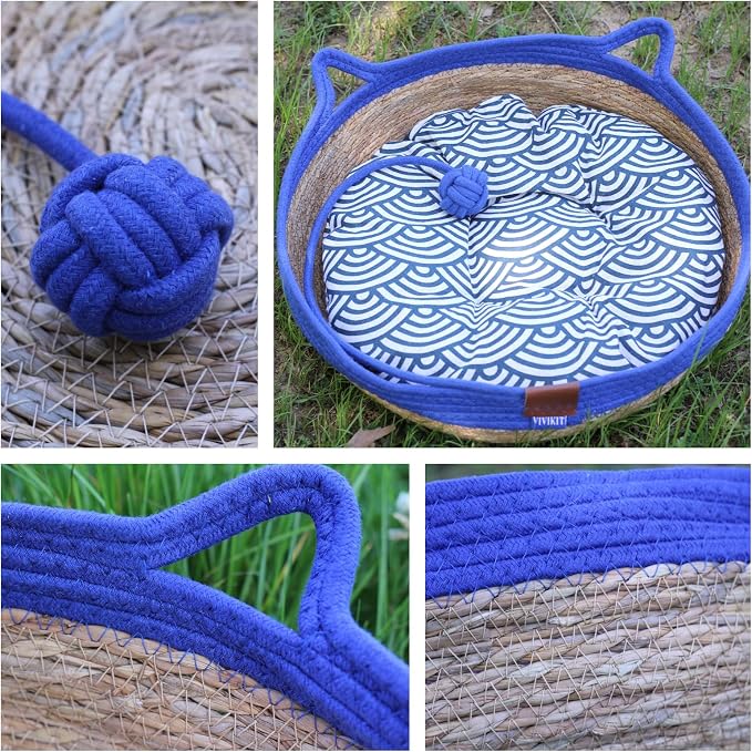 VIVIKIT Natural Cattail Cat Bed for Indoor Cats, 18.1" x 4.7"（Blue） | Natural cattail, cotton trim, all season, scratch-proof, teaser ball, removable washable pad, for cats & dogs up to 22 lbs